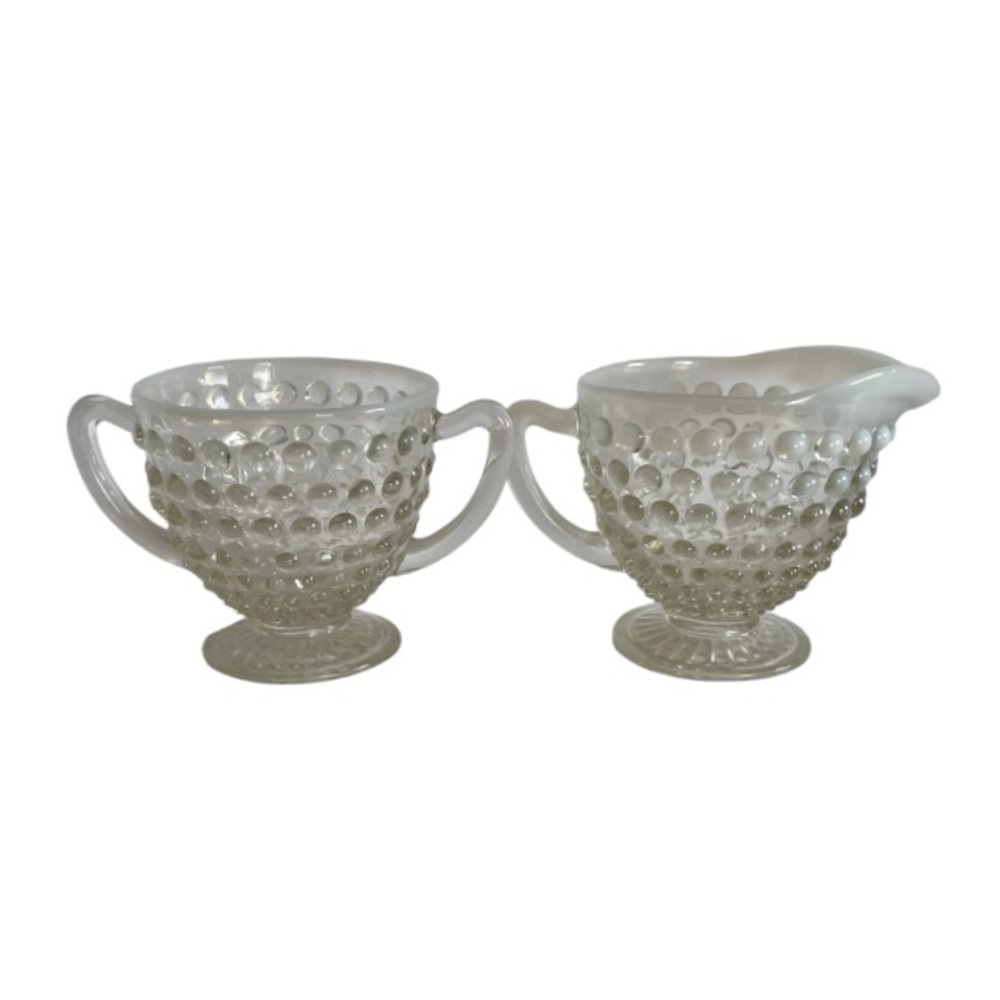 Vintage Anchor Hocking Cream & Sugar Opalescent Moonstone Hobnail Design 1940's